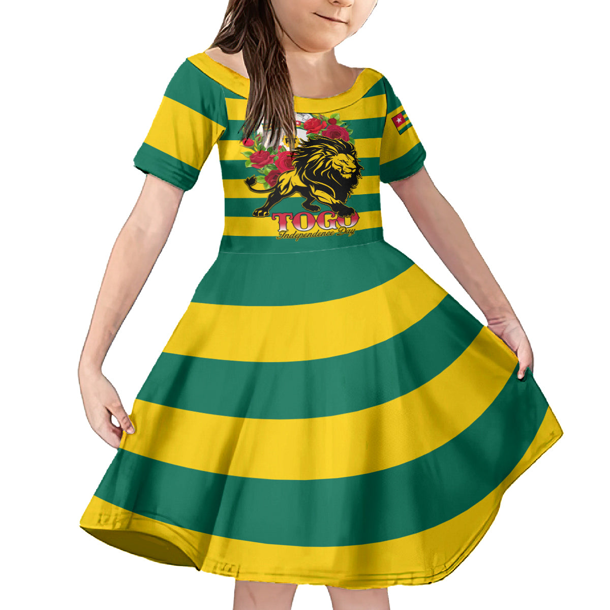 Togo Independence Day Kid Short Sleeve Dress Lion With Rosa Flag Style - Wonder Print Shop