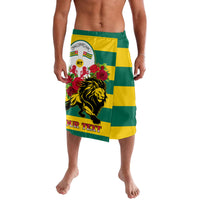 Lavalava wrap skirt with green and yellow stripes, lion, roses, and flag-style print