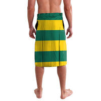 Lavalava wrap skirt in green and yellow horizontal stripes with stitched hem and waistband