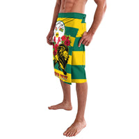 Lavalava wrap skirt with lion and roses graphic over green-yellow striped flag design