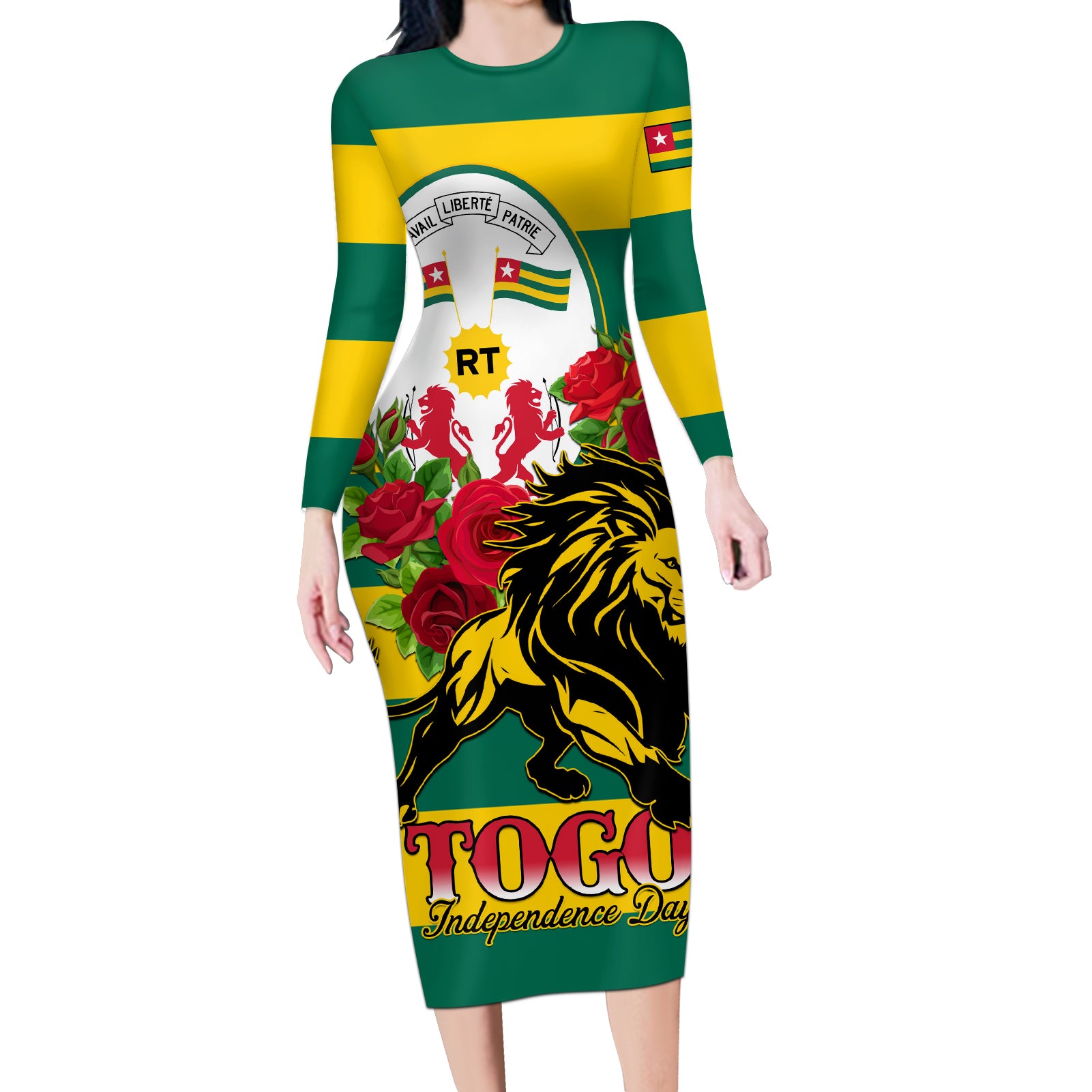 Togo Independence Day Long Sleeve Bodycon Dress Lion With Rosa Flag Style - Wonder Print Shop