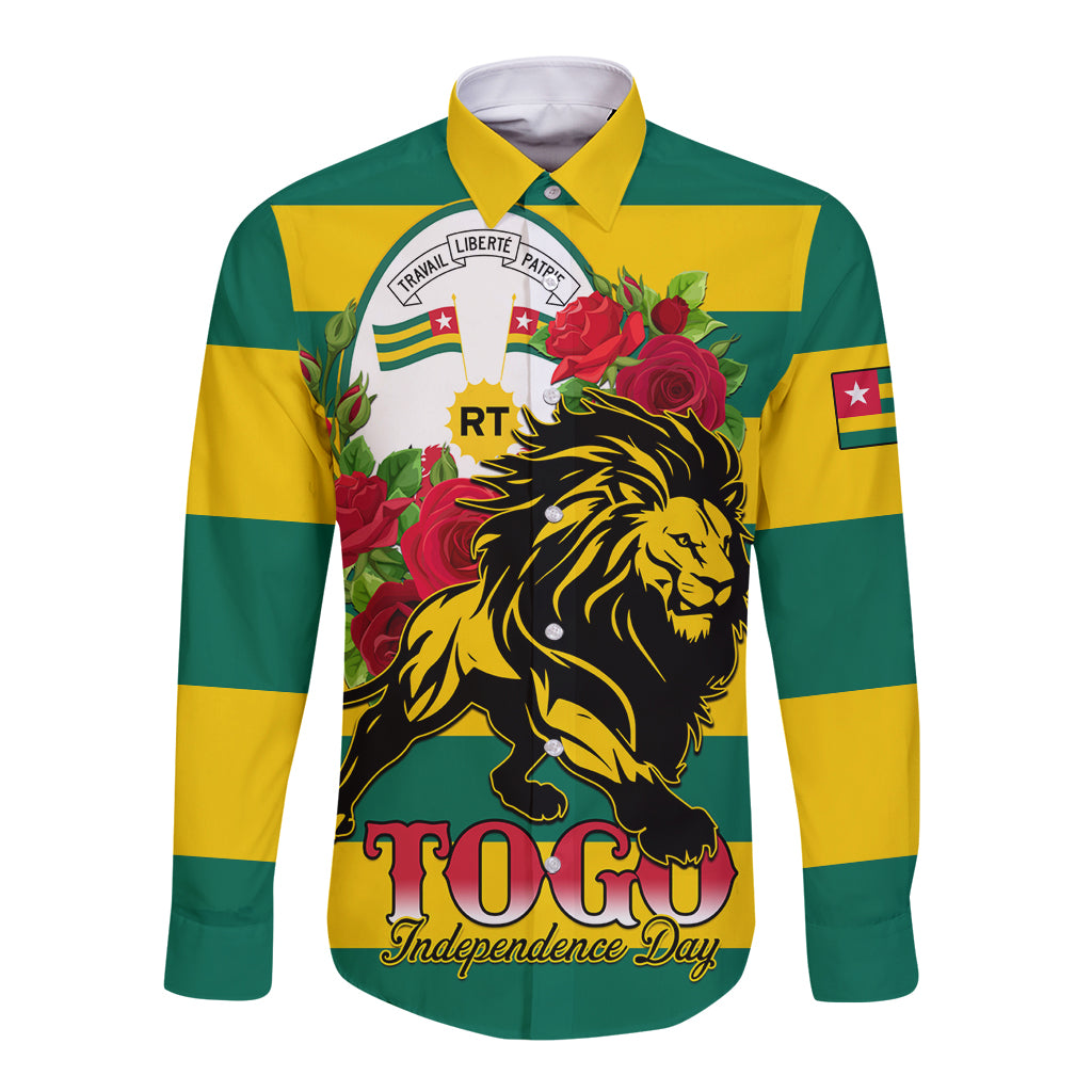 Unisex long sleeve button shirt with green and yellow stripes, lion and roses graphic