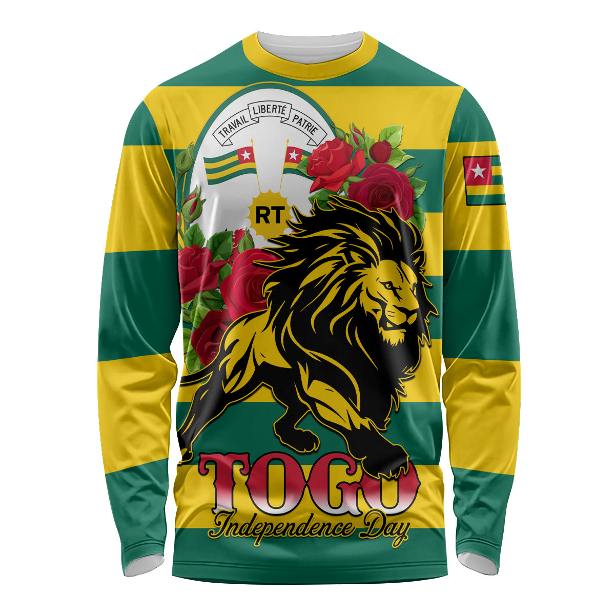 Unisex long sleeve shirt with lion graphic, roses, and green-yellow flag stripes (front)