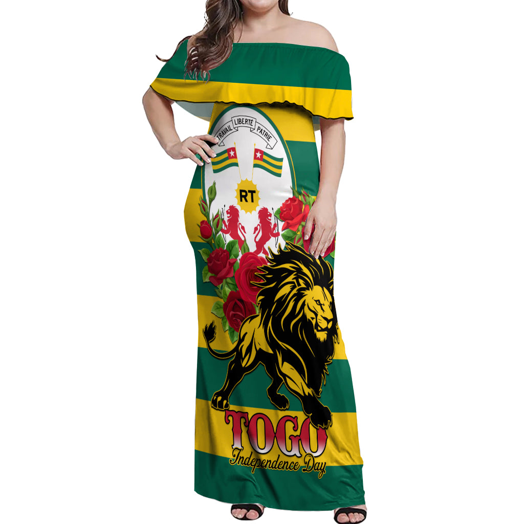 Togo Independence Day Off Shoulder Maxi Dress Lion With Rosa Flag Style - Wonder Print Shop