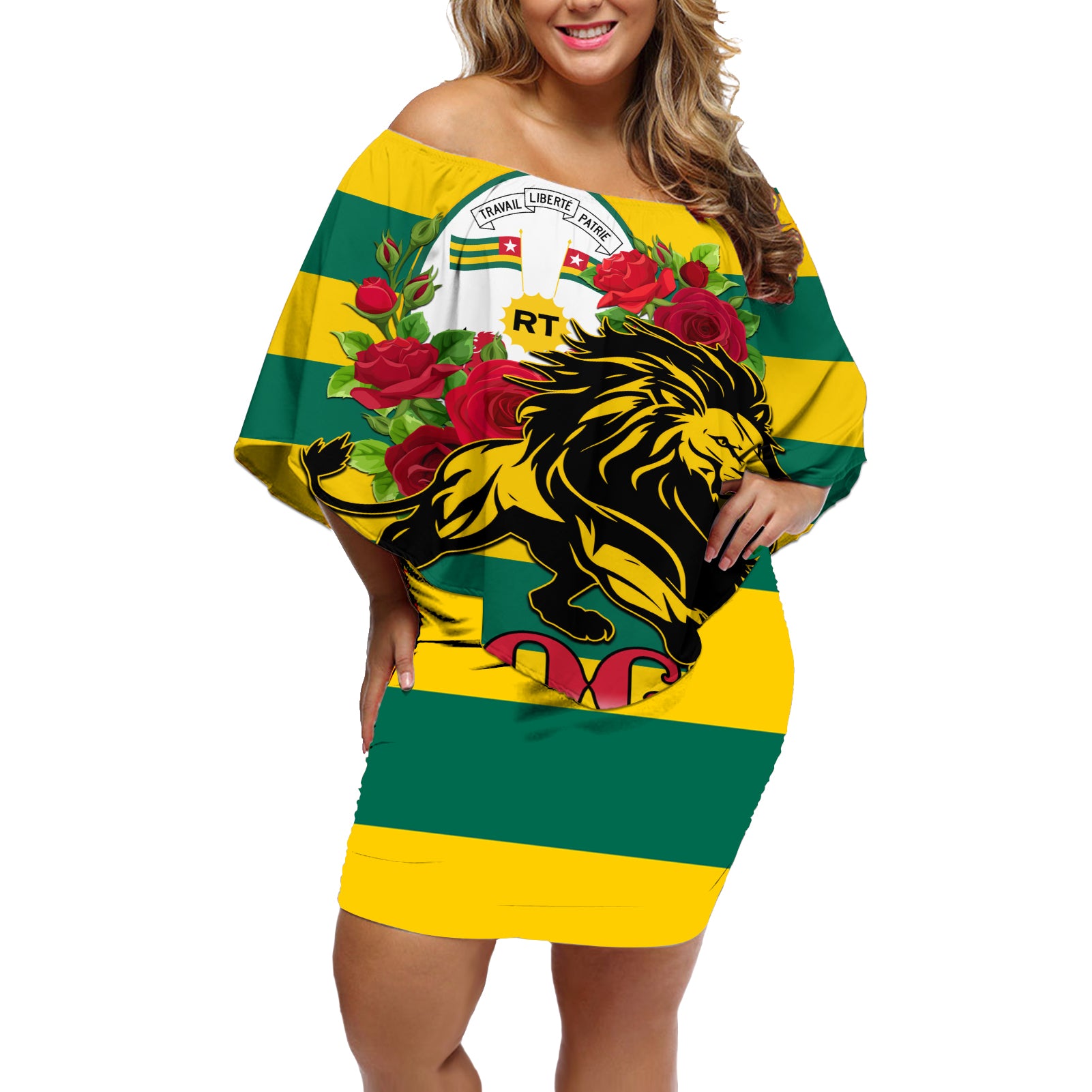 Togo Independence Day Off Shoulder Short Dress Lion With Rosa Flag Style - Wonder Print Shop