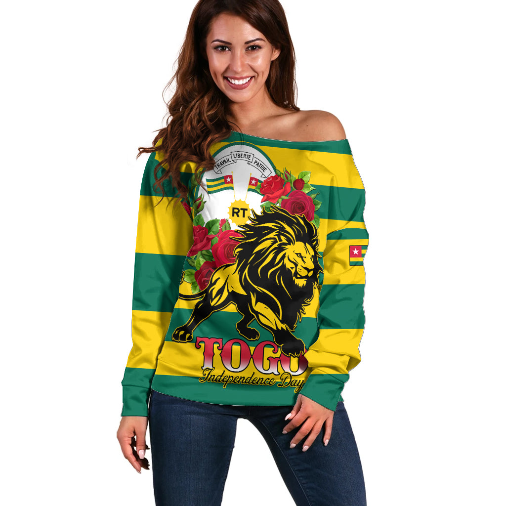 Togo Independence Day Off Shoulder Sweater Lion With Rosa Flag Style - Wonder Print Shop