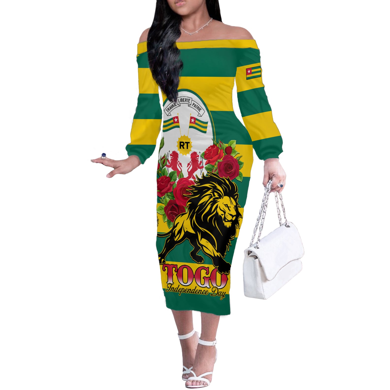 Togo Independence Day Off The Shoulder Long Sleeve Dress Lion With Rosa Flag Style - Wonder Print Shop