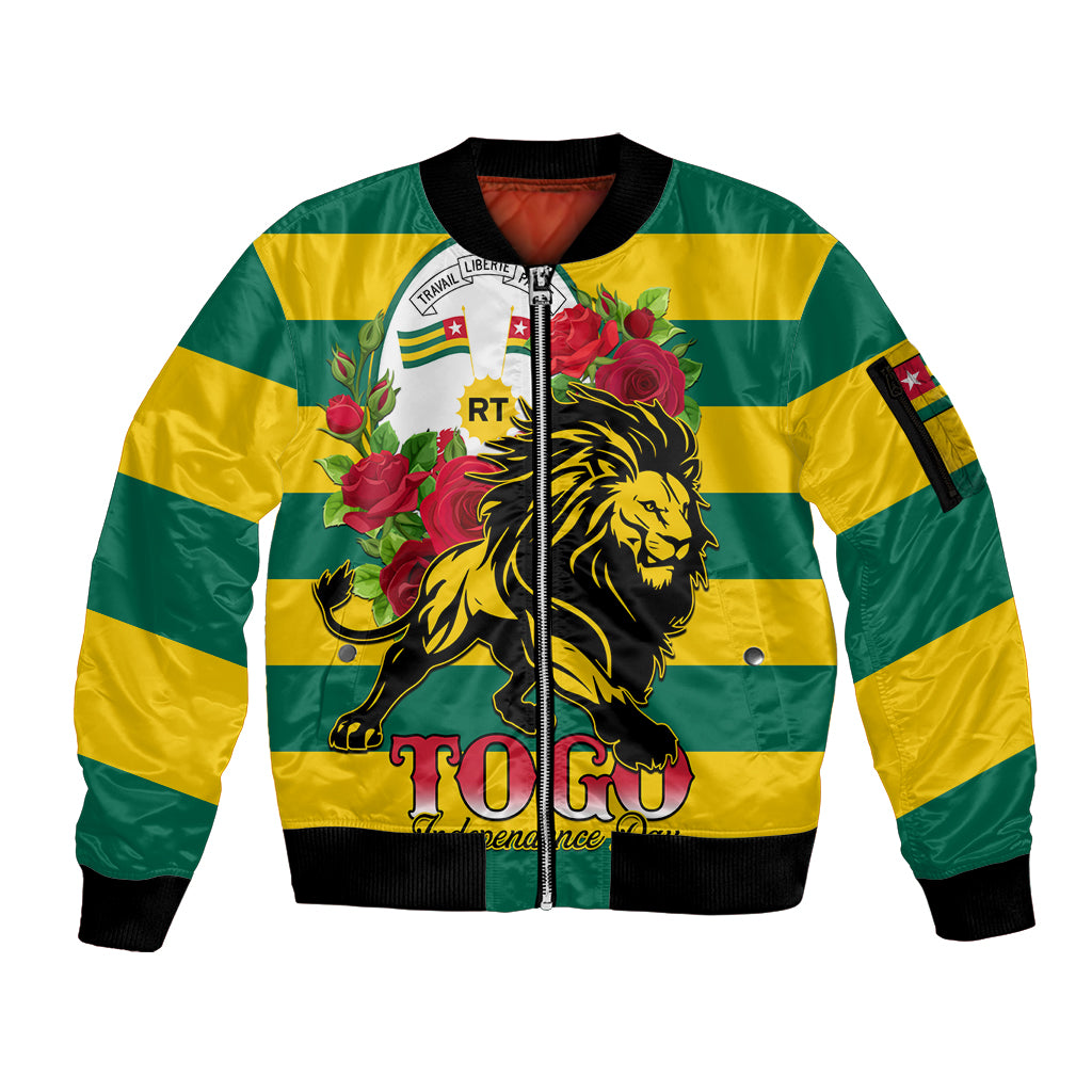 Togo Independence Day Sleeve Zip Bomber Jacket Lion With Rosa Flag Style - Wonder Print Shop