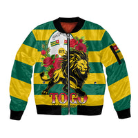 Bomber jacket with front zipper, green/yellow stripes, lion and rose graphic, ribbed cuffs