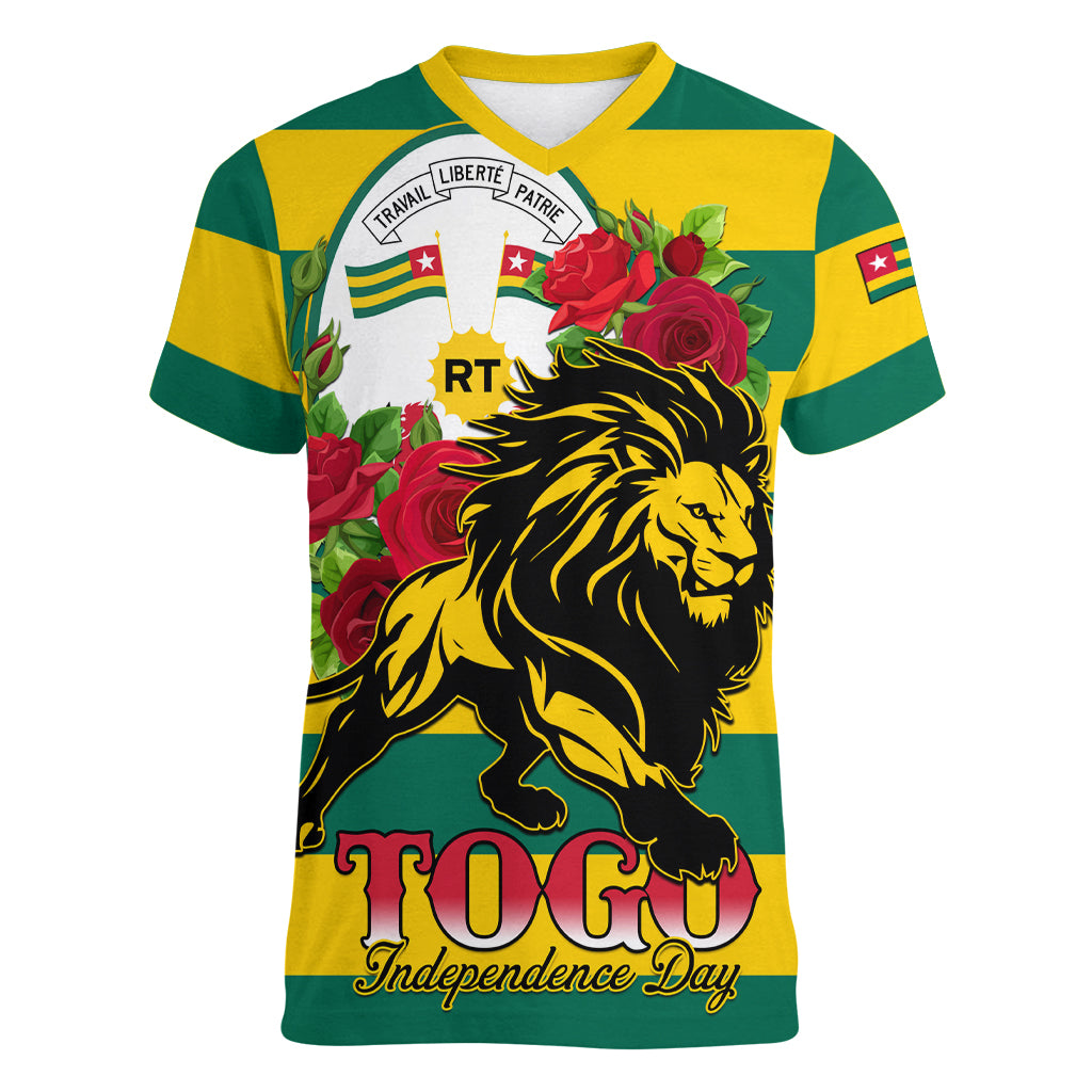 Togo Independence Day Women V Neck T Shirt Lion With Rosa Flag Style - Wonder Print Shop