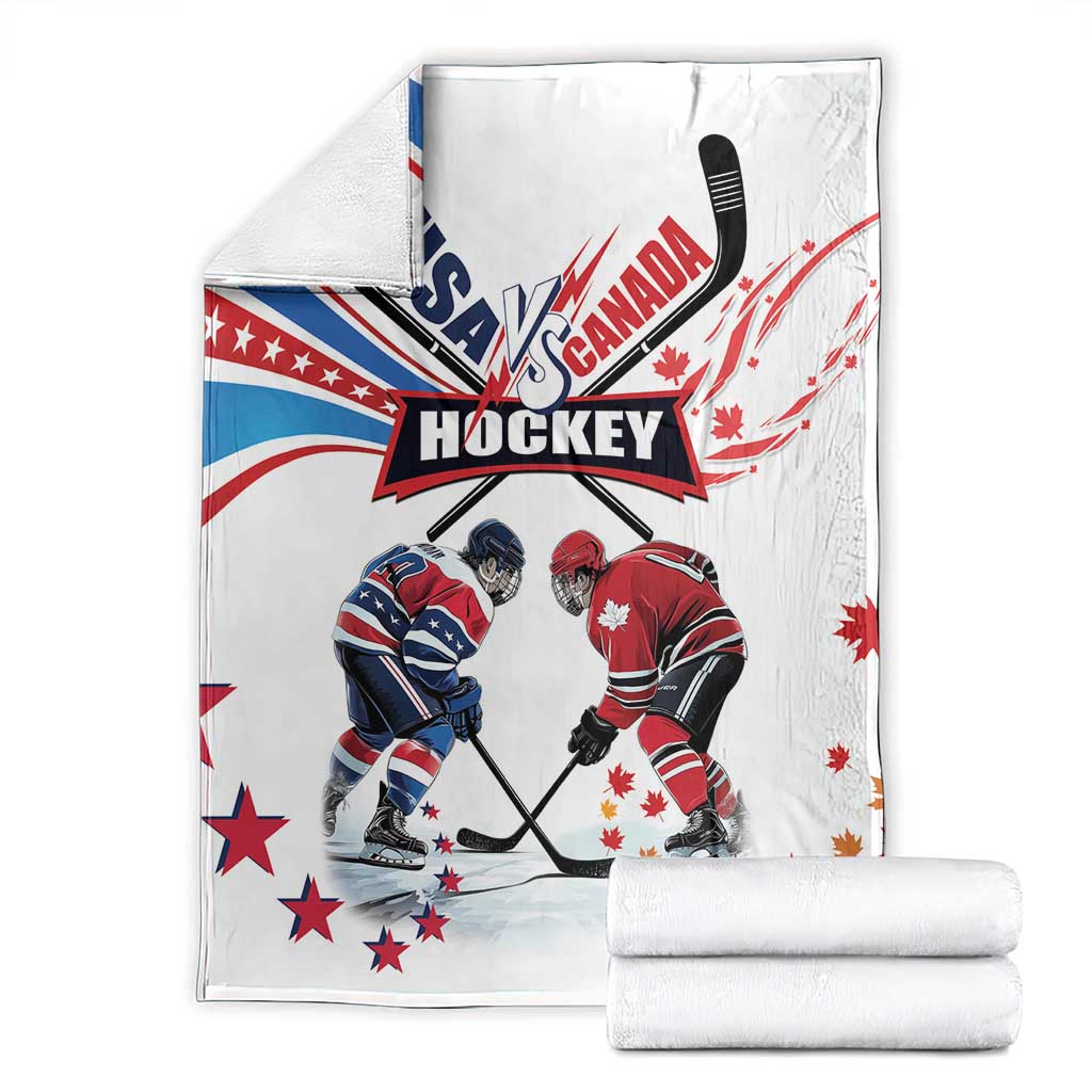 Ice hockey throw blanket folded with USA vs Canada hockey logo, two players, and stars