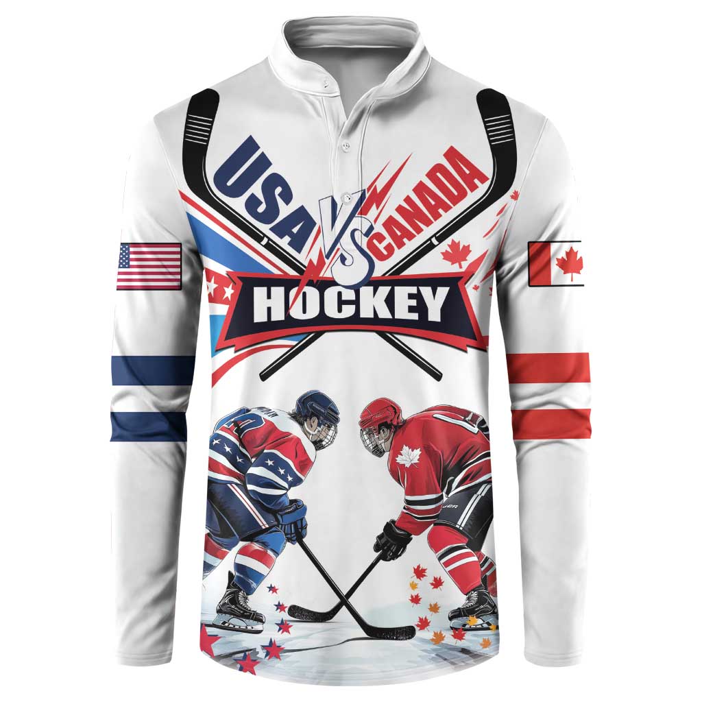 Custom USA vs Canada Ice Hockey Face Off Button Sweatshirt Stars Maple Leaf