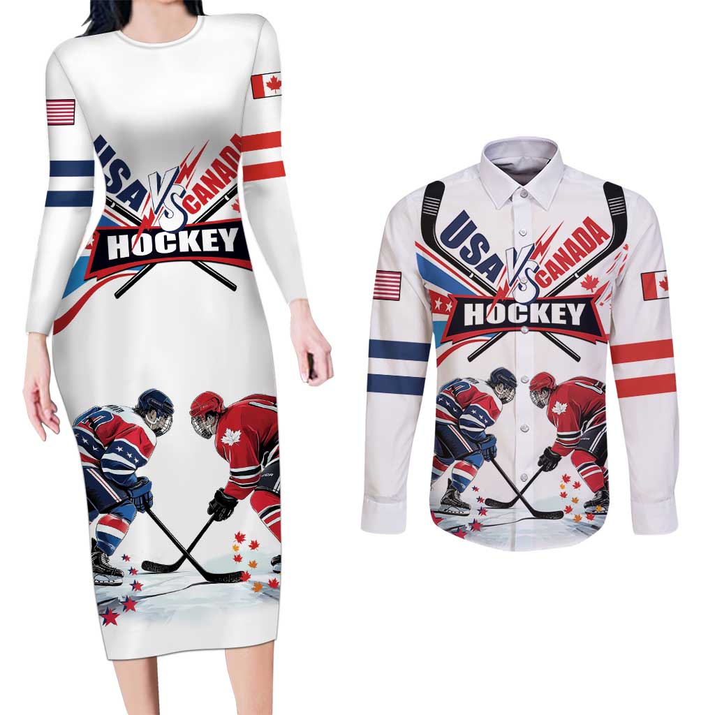 Custom USA vs Canada Ice Hockey Face Off Couples Matching Long Sleeve Bodycon Dress and Long Sleeve Button Shirt Stars Maple Leaf