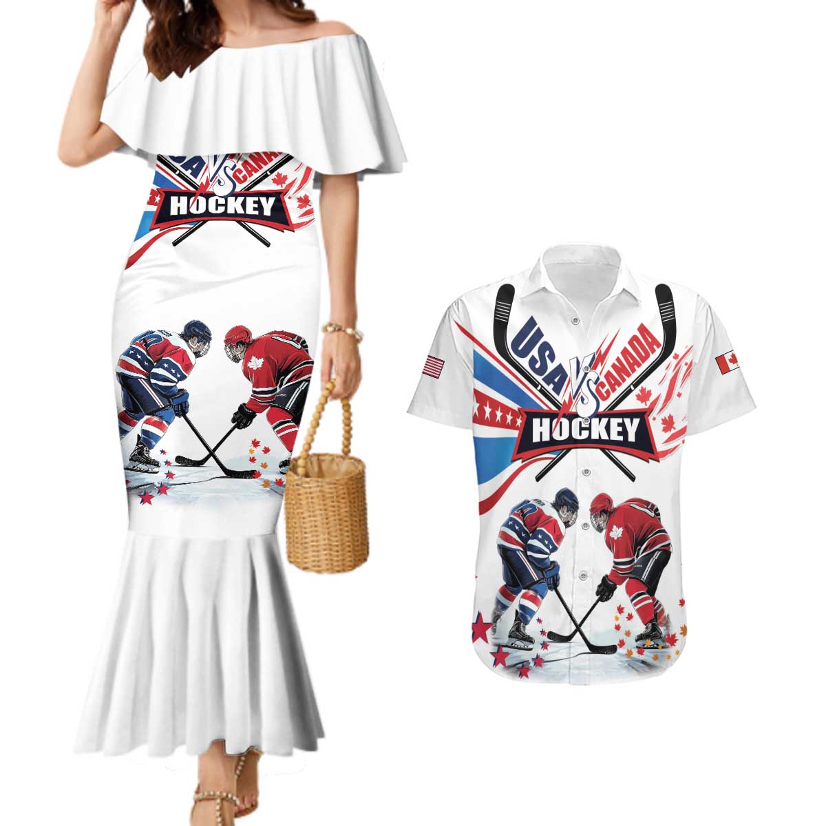 Custom USA vs Canada Ice Hockey Face Off Couples Matching Mermaid Dress and Hawaiian Shirt Stars Maple Leaf