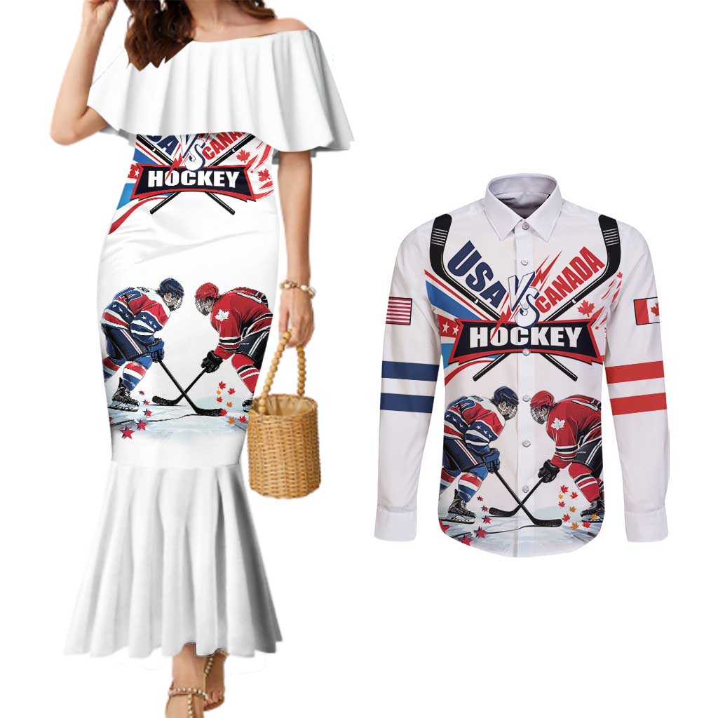 Custom USA vs Canada Ice Hockey Face Off Couples Matching Mermaid Dress and Long Sleeve Button Shirt Stars Maple Leaf