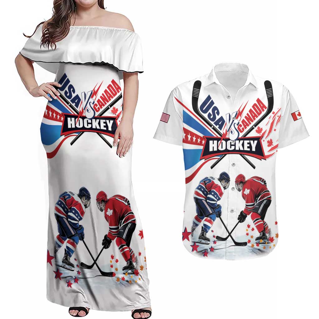 Custom USA vs Canada Ice Hockey Face Off Couples Matching Off Shoulder Maxi Dress and Hawaiian Shirt Stars Maple Leaf