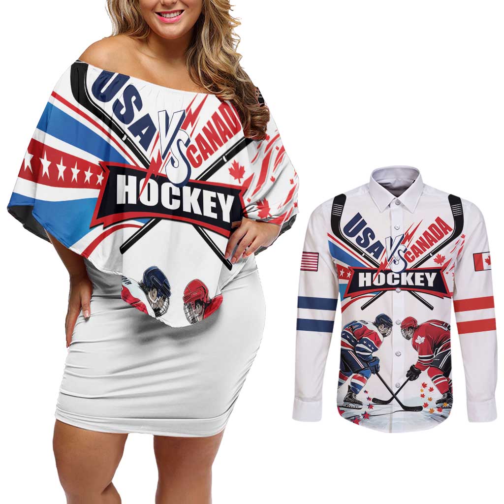 Custom USA vs Canada Ice Hockey Face Off Couples Matching Off Shoulder Short Dress and Long Sleeve Button Shirt Stars Maple Leaf