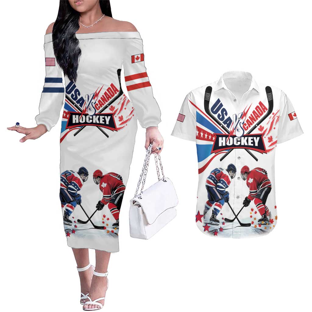 Custom USA vs Canada Ice Hockey Face Off Couples Matching Off The Shoulder Long Sleeve Dress and Hawaiian Shirt Stars Maple Leaf