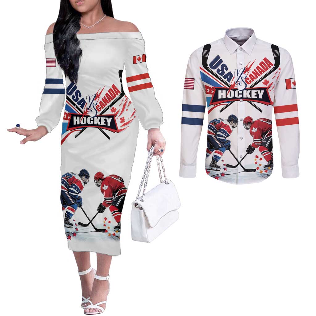 Custom USA vs Canada Ice Hockey Face Off Couples Matching Off The Shoulder Long Sleeve Dress and Long Sleeve Button Shirt Stars Maple Leaf