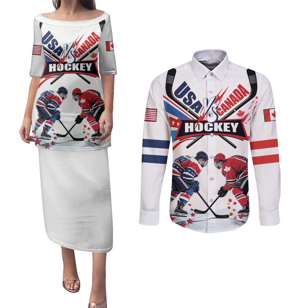 Custom USA vs Canada Ice Hockey Face Off Couples Matching Puletasi and Long Sleeve Button Shirt Stars Maple Leaf