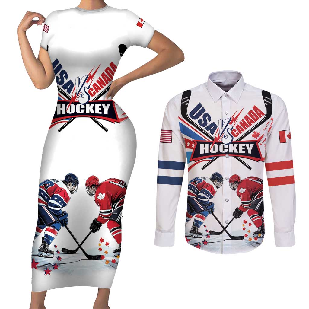 Custom USA vs Canada Ice Hockey Face Off Couples Matching Short Sleeve Bodycon Dress and Long Sleeve Button Shirt Stars Maple Leaf