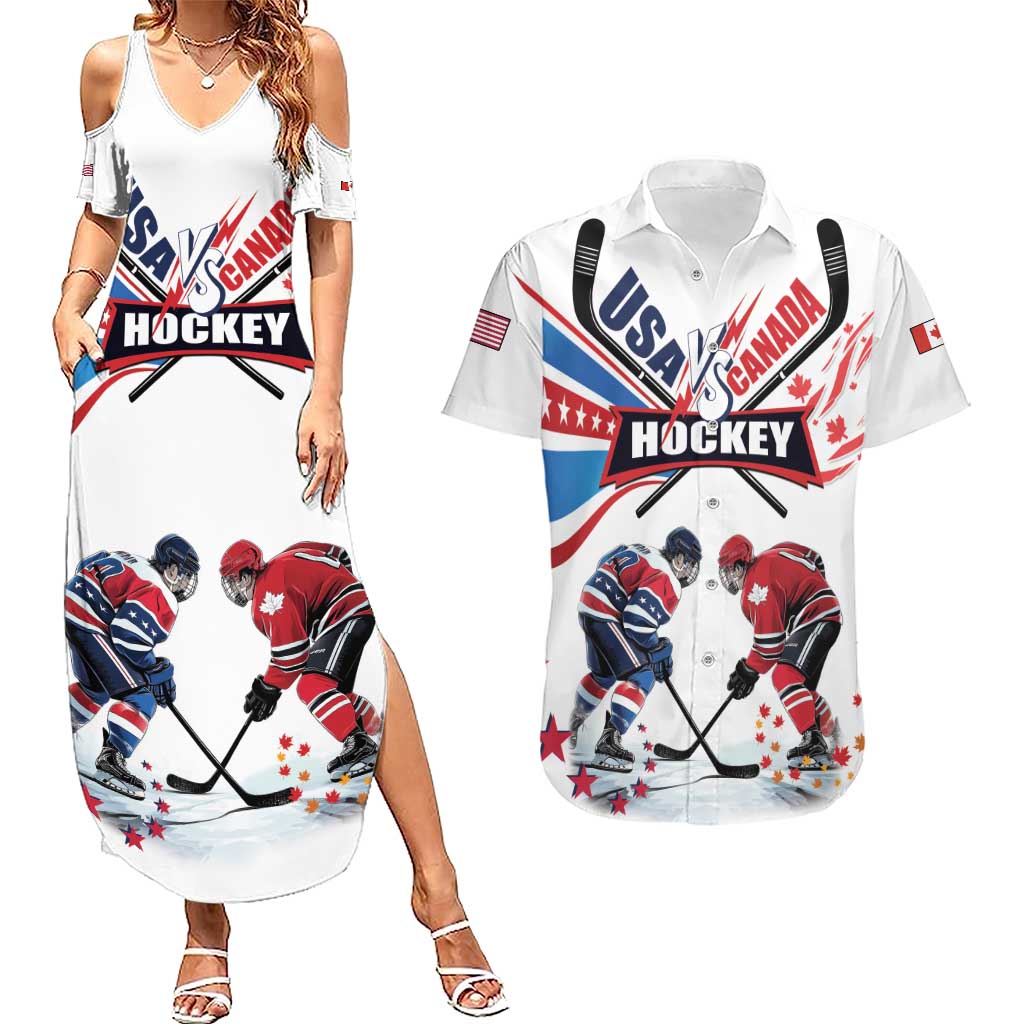 Custom USA vs Canada Ice Hockey Face Off Couples Matching Summer Maxi Dress and Hawaiian Shirt Stars Maple Leaf