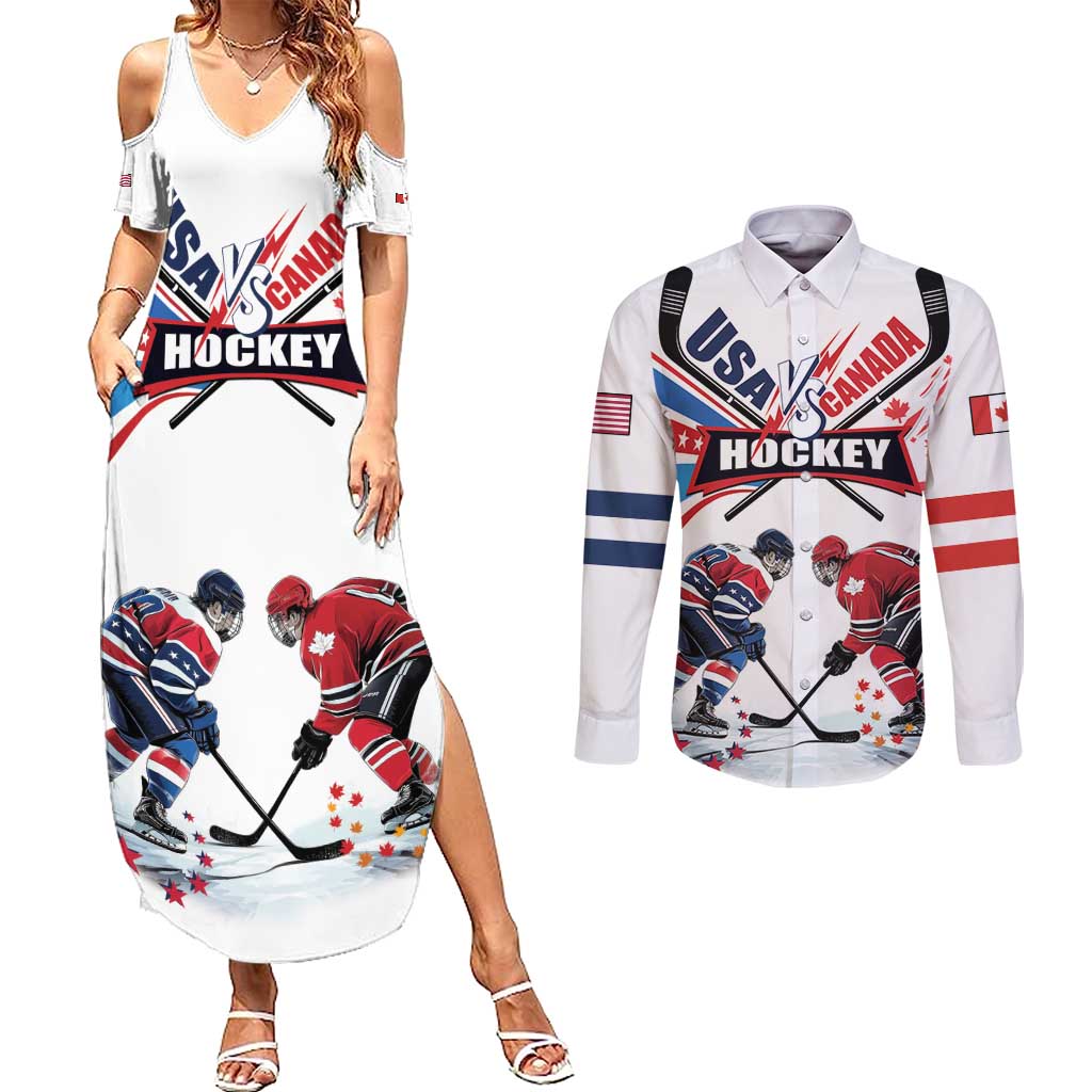 Custom USA vs Canada Ice Hockey Face Off Couples Matching Summer Maxi Dress and Long Sleeve Button Shirt Stars Maple Leaf