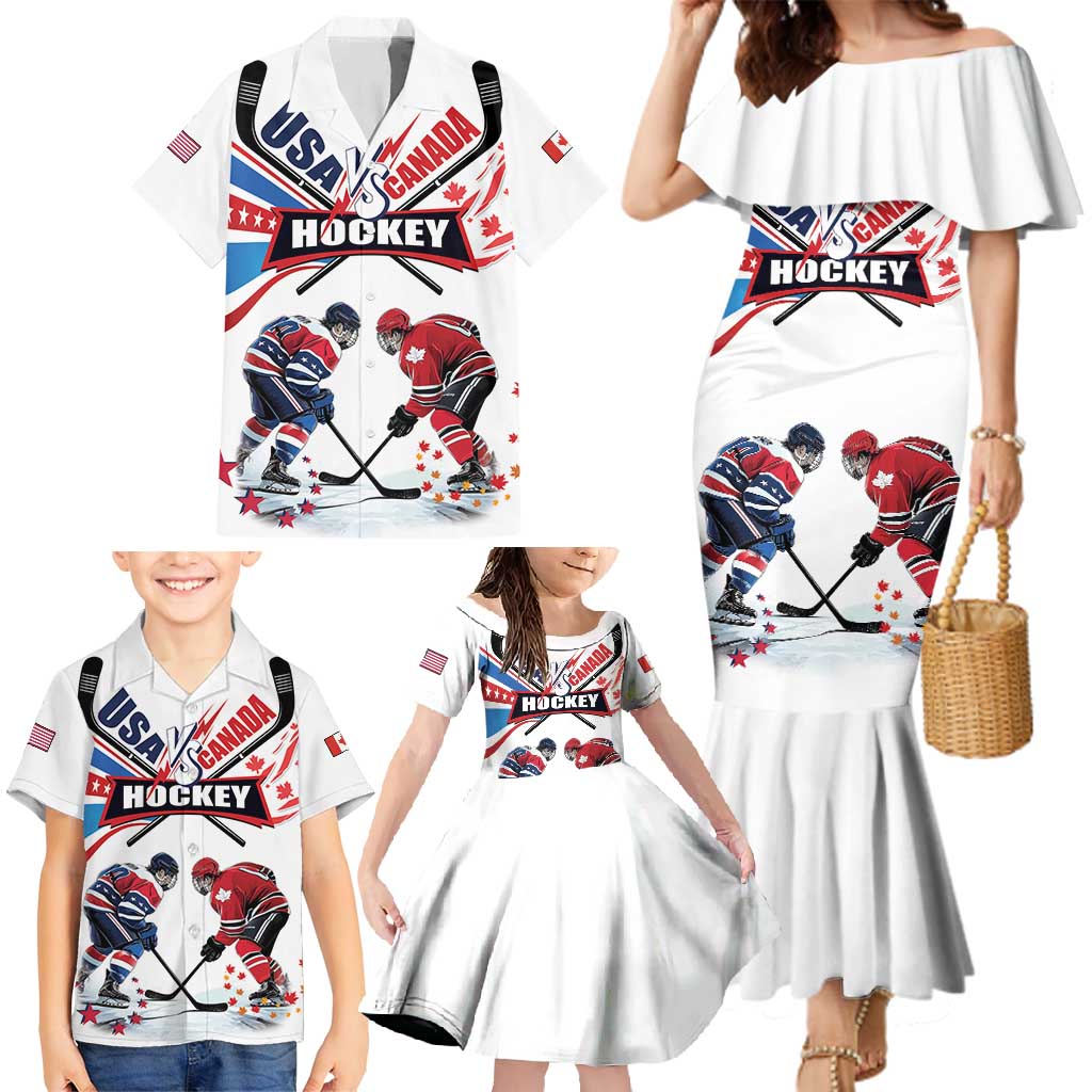 Custom USA vs Canada Ice Hockey Face Off Family Matching Mermaid Dress and Hawaiian Shirt Stars Maple Leaf