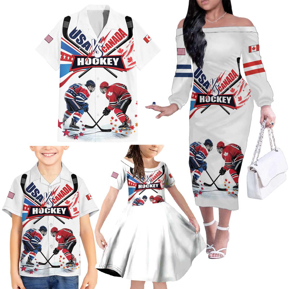 Custom USA vs Canada Ice Hockey Face Off Family Matching Off The Shoulder Long Sleeve Dress and Hawaiian Shirt Stars Maple Leaf