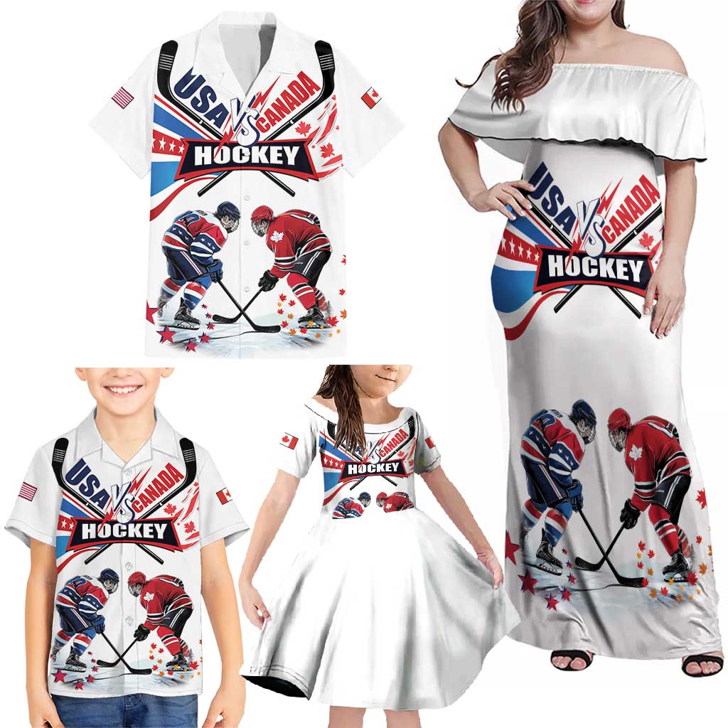 Custom USA vs Canada Ice Hockey Face Off Family Matching Off Shoulder Maxi Dress and Hawaiian Shirt Stars Maple Leaf