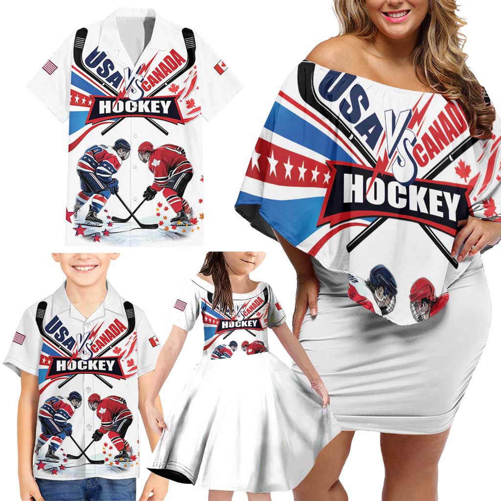 Custom USA vs Canada Ice Hockey Face Off Family Matching Off Shoulder Short Dress and Hawaiian Shirt Stars Maple Leaf