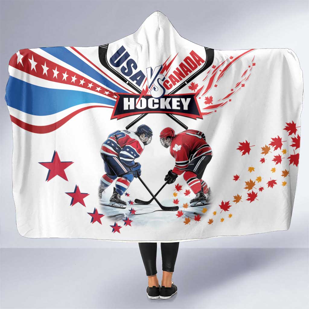 USA vs Canada Ice Hockey Face Off Hooded Blanket Stars Maple Leaf