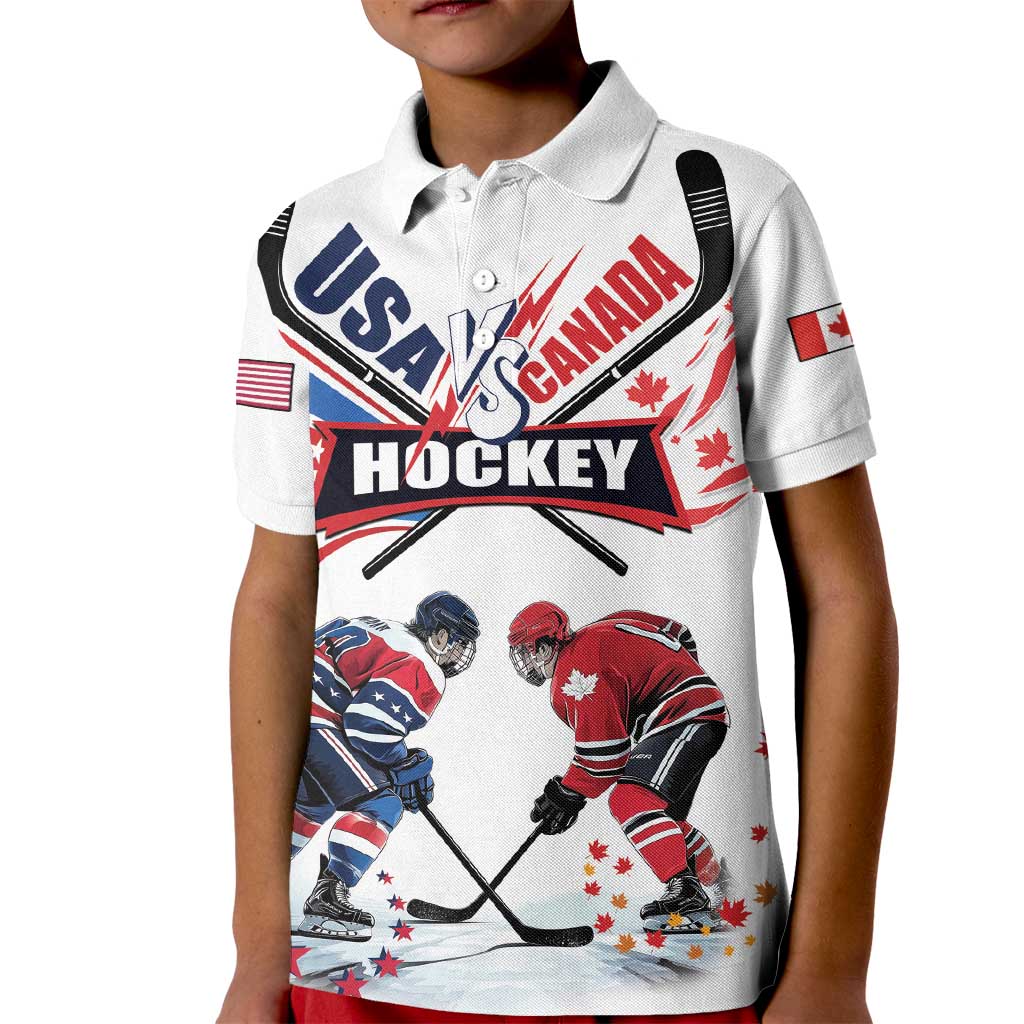 Custom USA vs Canada Ice Hockey Face Off Kid Polo Shirt Stars Maple Leaf