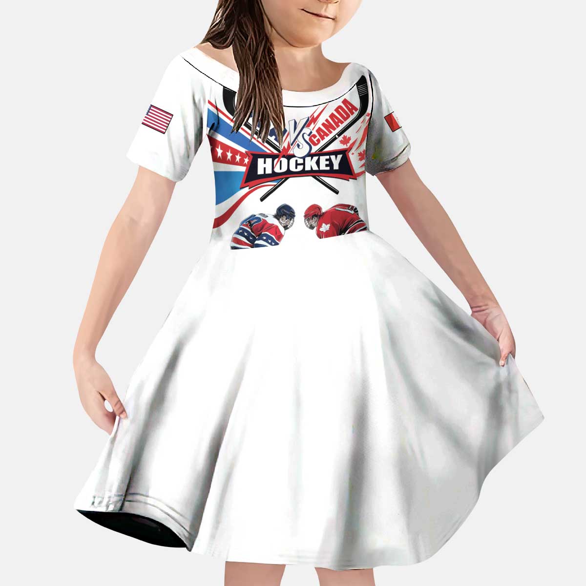 Custom USA vs Canada Ice Hockey Face Off Kid Short Sleeve Dress Stars Maple Leaf