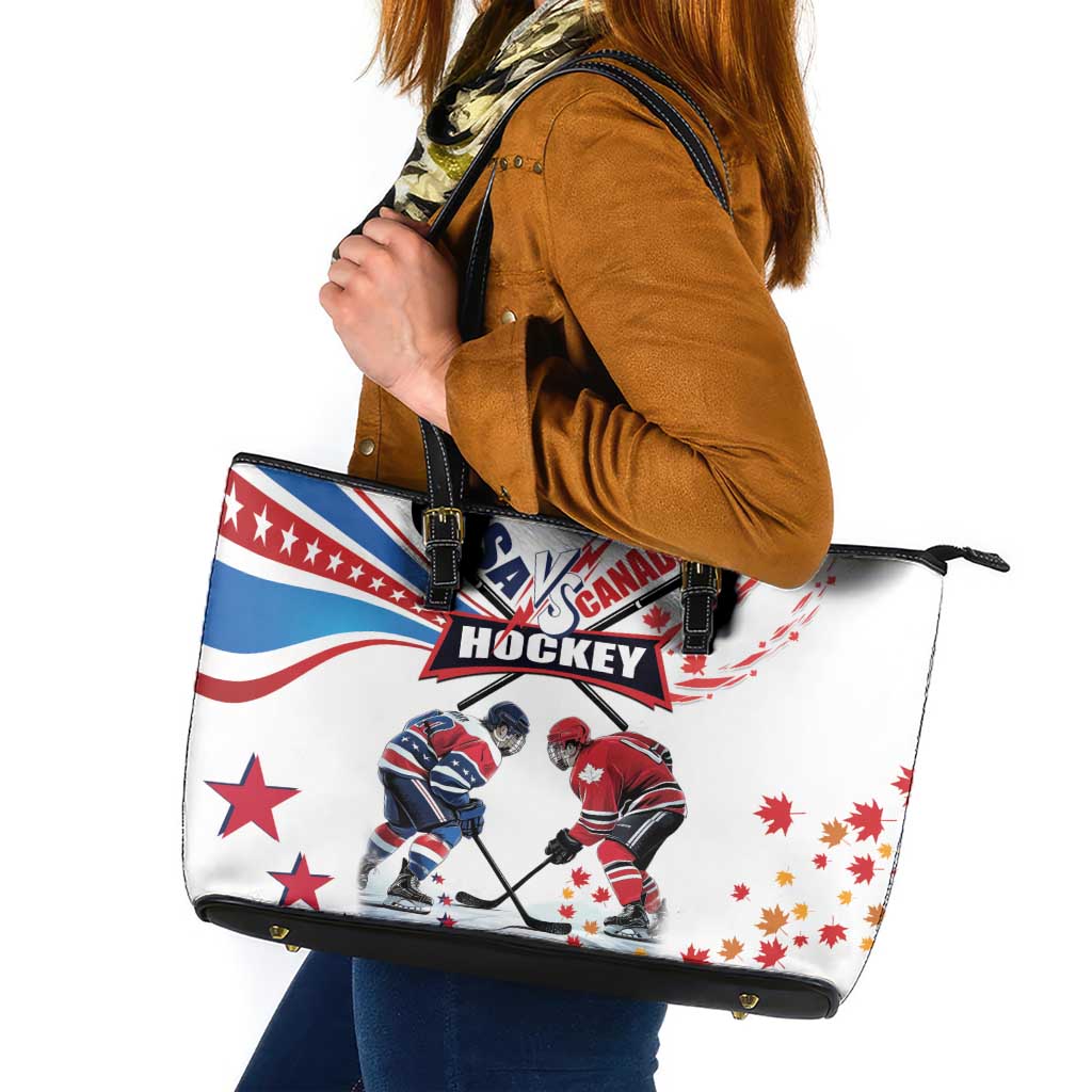 USA vs Canada Ice Hockey Face Off Leather Tote Bag Stars Maple Leaf