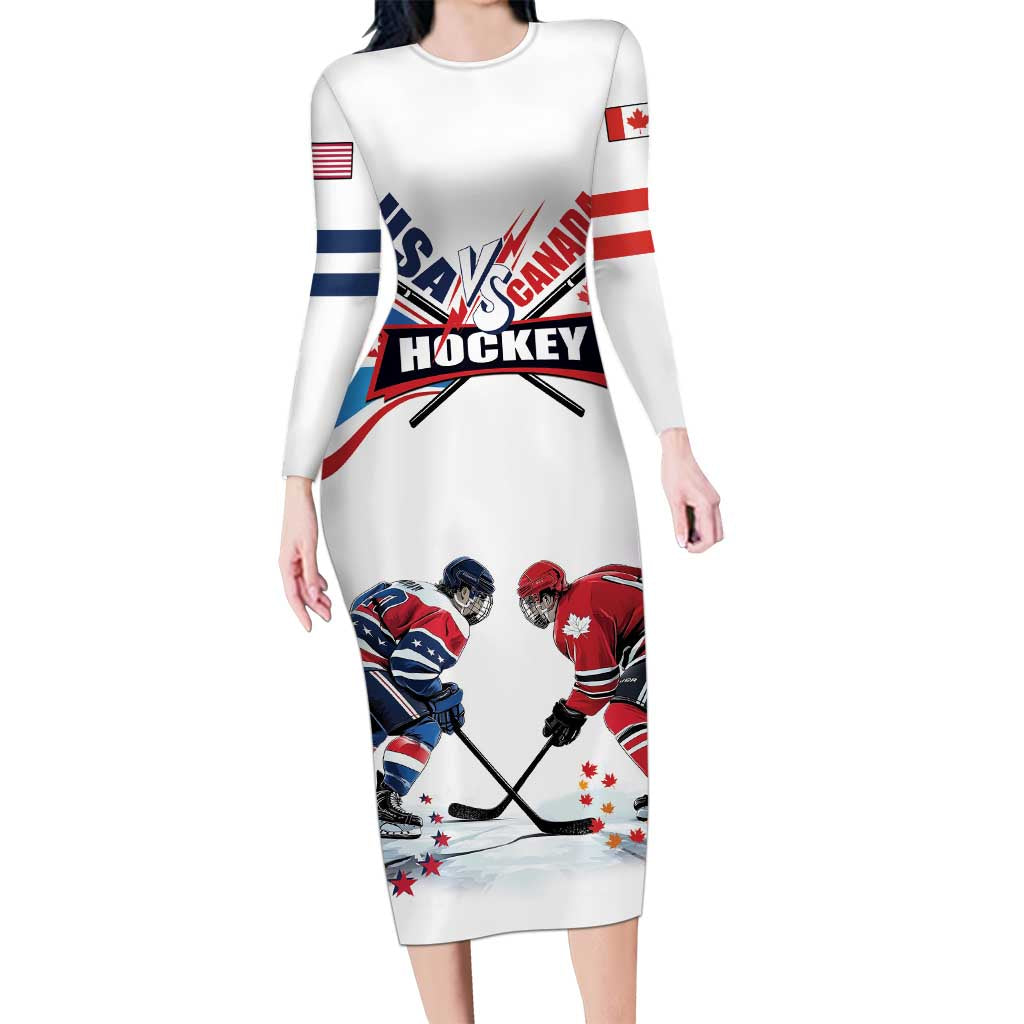 Custom USA vs Canada Ice Hockey Face Off Long Sleeve Bodycon Dress Stars Maple Leaf