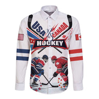 Unisex white long-sleeve button shirt with USA vs Canada hockey graphic and flags