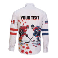 Unisex white long-sleeve button shirt, back print with 'YOUR TEXT' hockey scene