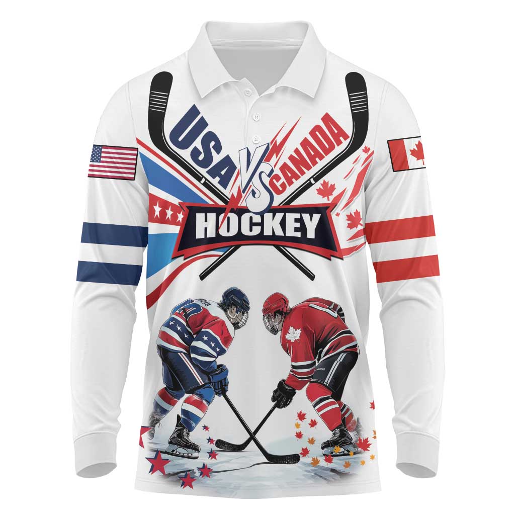 Custom USA vs Canada Ice Hockey Face Off Long Sleeve Polo Shirt Stars Maple Leaf