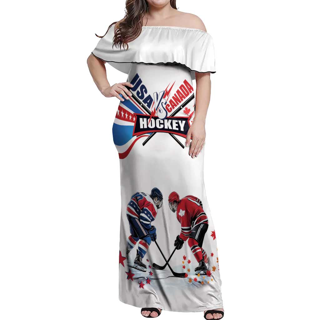 Custom USA vs Canada Ice Hockey Face Off Off Shoulder Maxi Dress Stars Maple Leaf