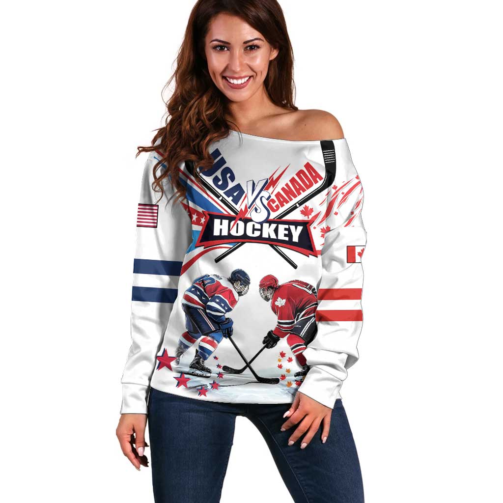 Custom USA vs Canada Ice Hockey Face Off Off Shoulder Sweater Stars Maple Leaf