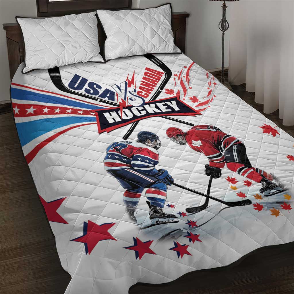 USA vs Canada Ice Hockey Face Off Quilt Bed Set Stars Maple Leaf