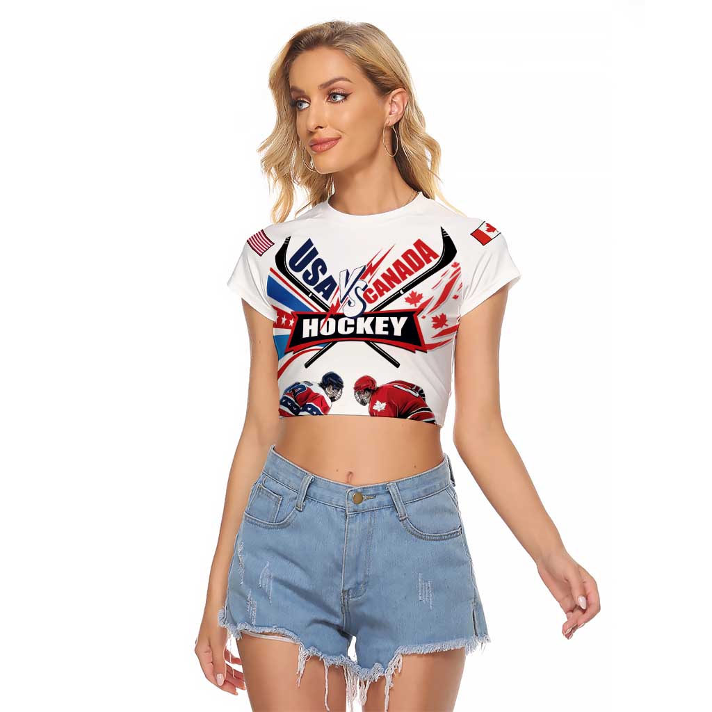 Custom USA vs Canada Ice Hockey Face Off Raglan Cropped T Shirt Stars Maple Leaf