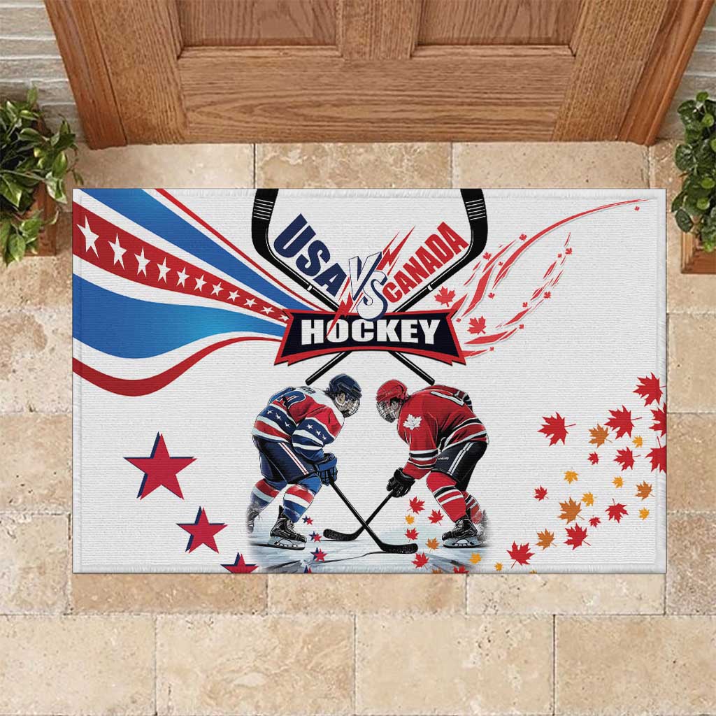 USA vs Canada Ice Hockey Face Off Rubber Doormat Stars Maple Leaf