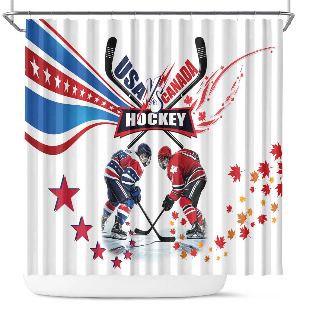 USA vs Canada Ice Hockey Face Off Shower Curtain Stars Maple Leaf