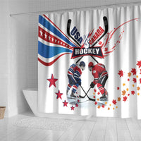 White shower curtain with USA vs Canada hockey players and stars, maple leaves
