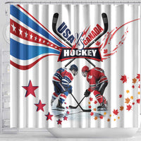 White hockey shower curtain with USA vs Canada logo, players and maple leaf splash design