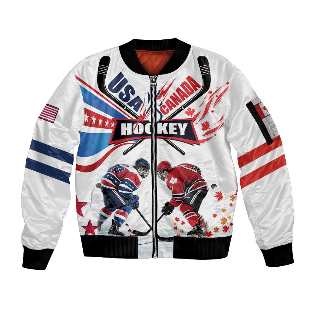 Custom USA vs Canada Ice Hockey Face Off Sleeve Zip Bomber Jacket Stars Maple Leaf