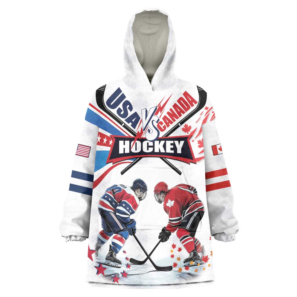 Custom USA vs Canada Ice Hockey Face Off Wearable Blanket Hoodie Stars Maple Leaf