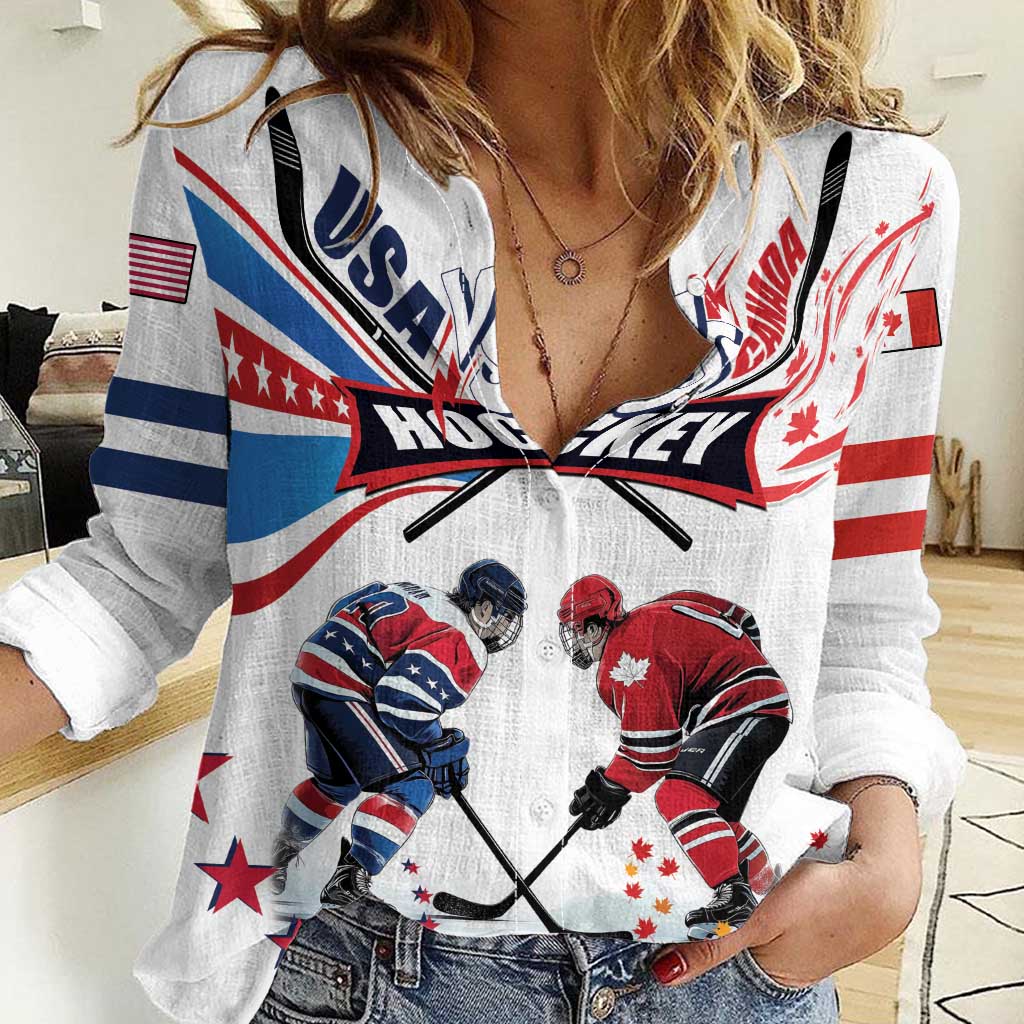 Custom USA vs Canada Ice Hockey Face Off Women Casual Shirt Stars Maple Leaf